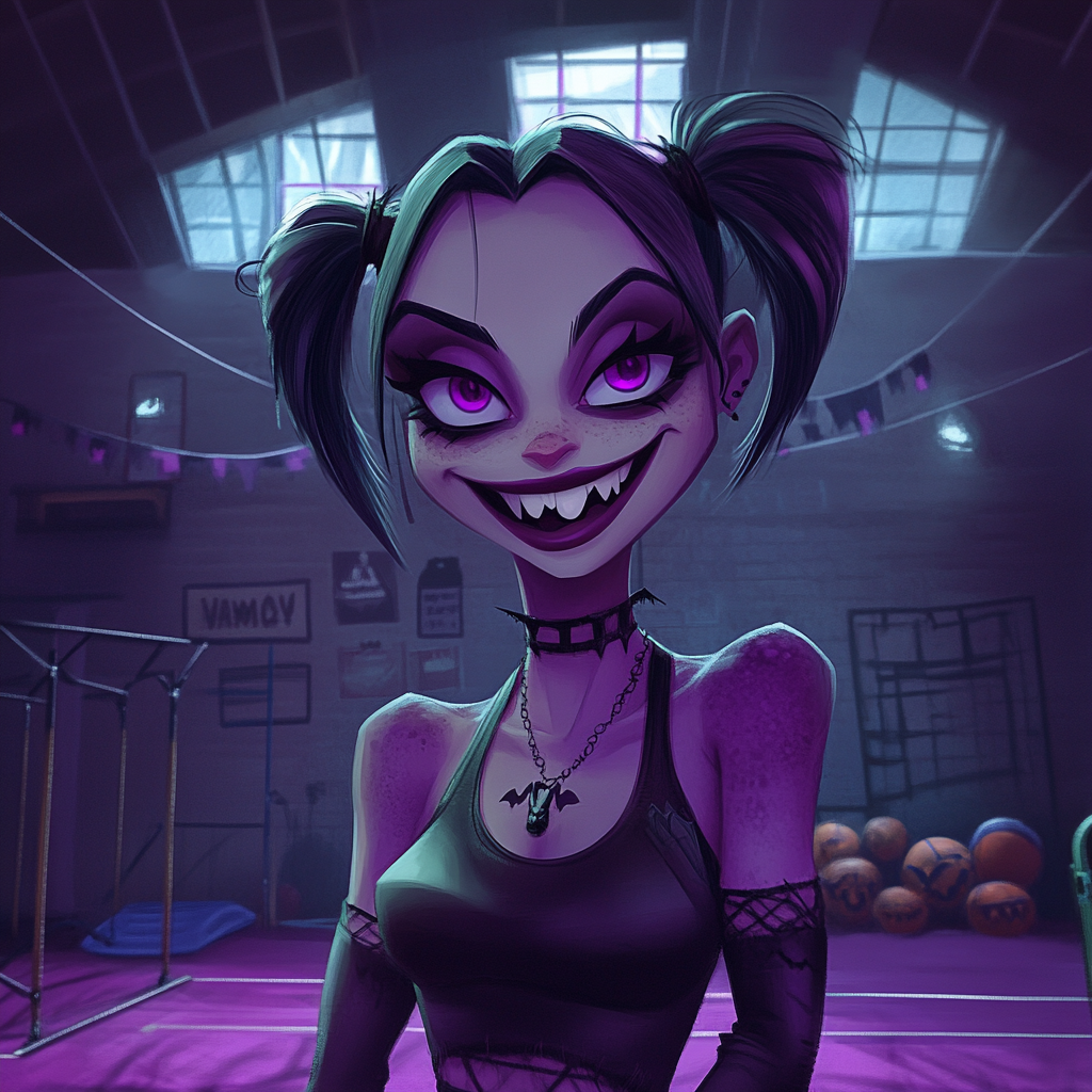 Smiling vampire girl in gym setting with sports equipment.