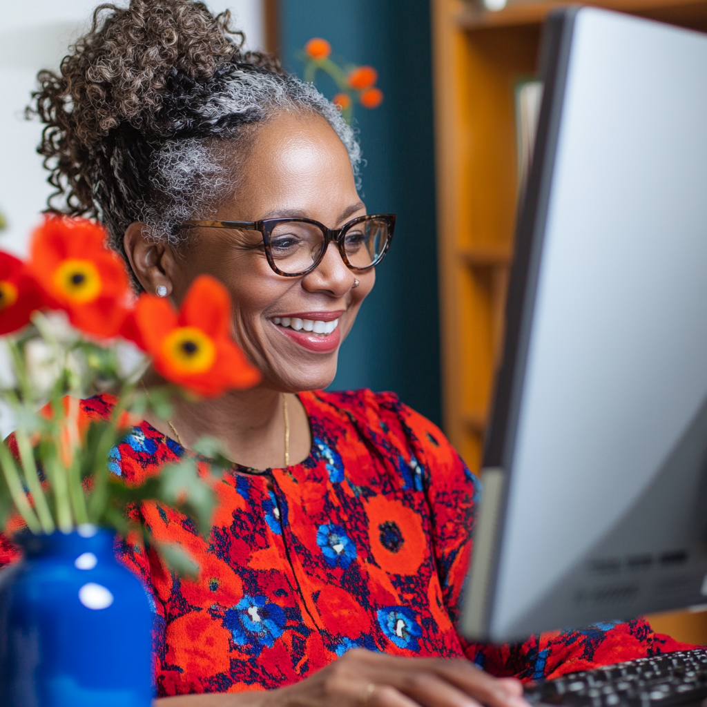 Smiling woman engaging in virtual meeting, building community.