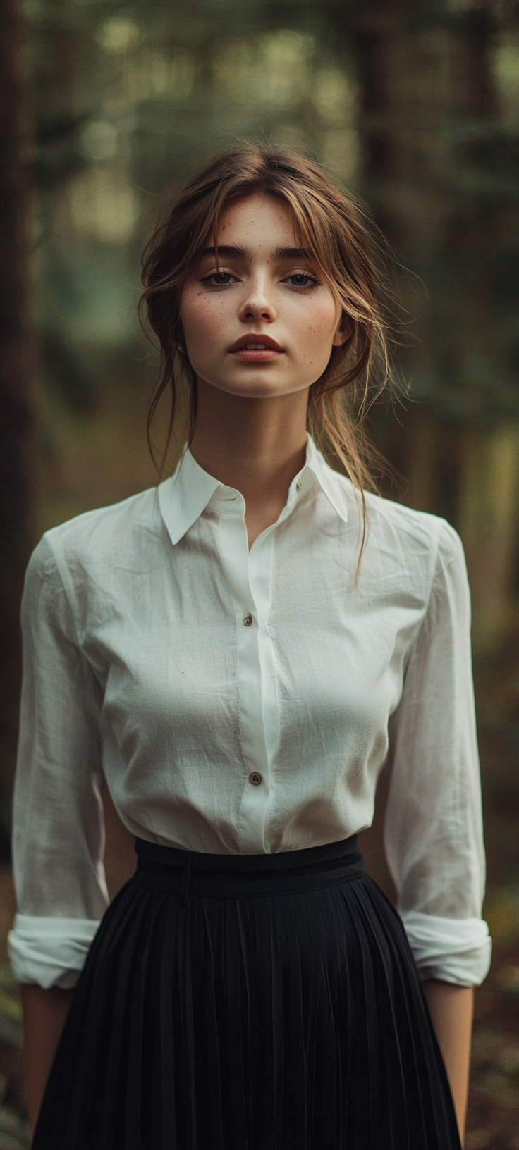 Smiling woman in forest, natural beauty, casual outfit.