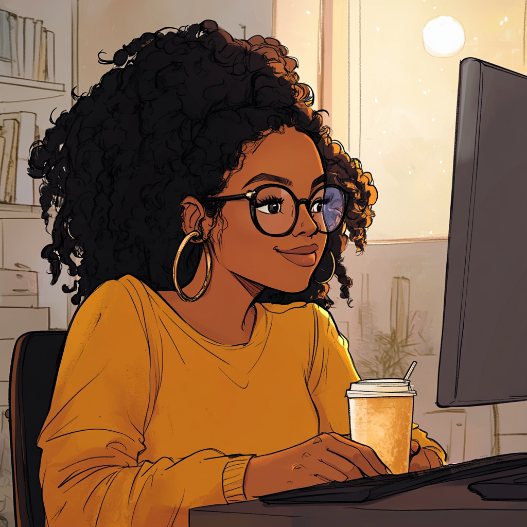 Smiling woman in glasses drinks coffee at computer.