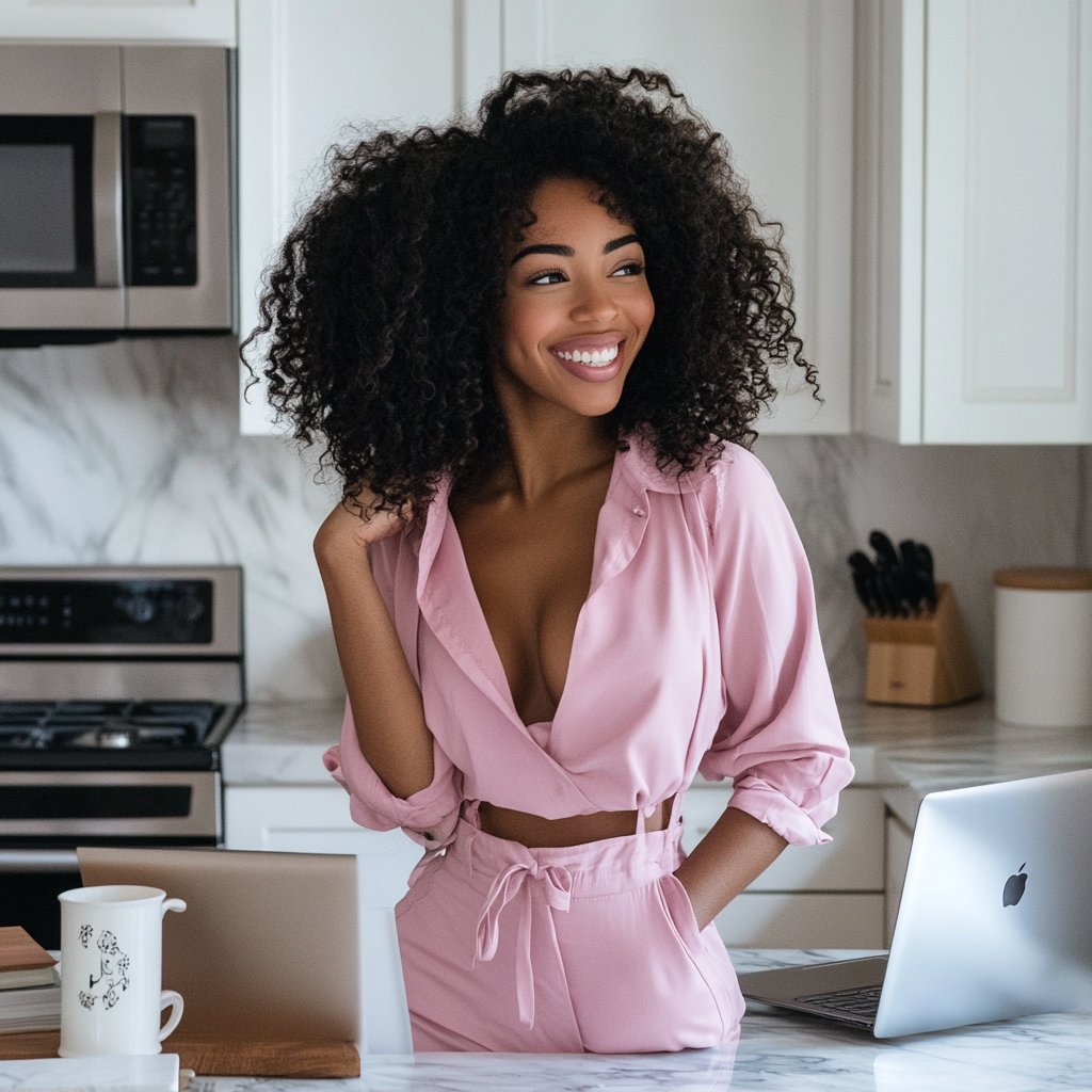 Smiling woman in pink outfit with laptop in kitchen.