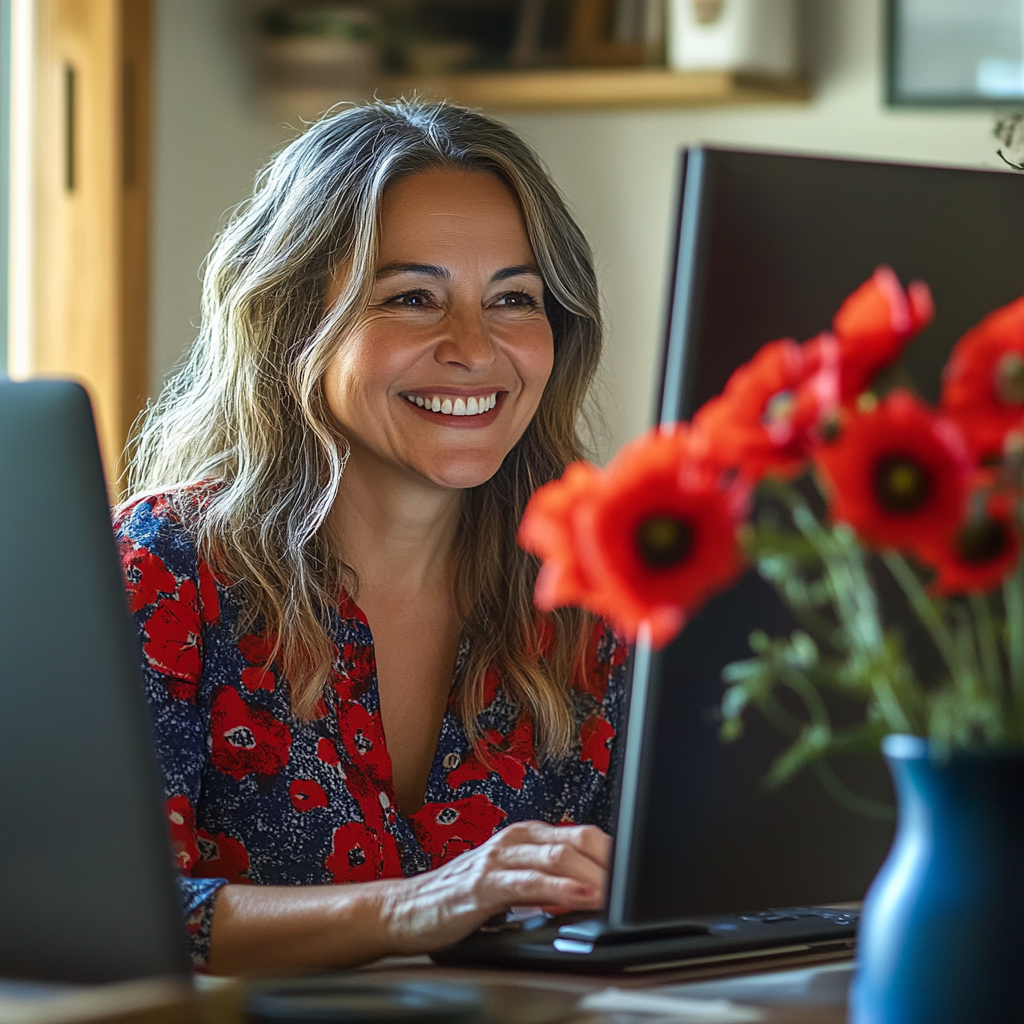 Smiling woman in red and blue engages virtually.