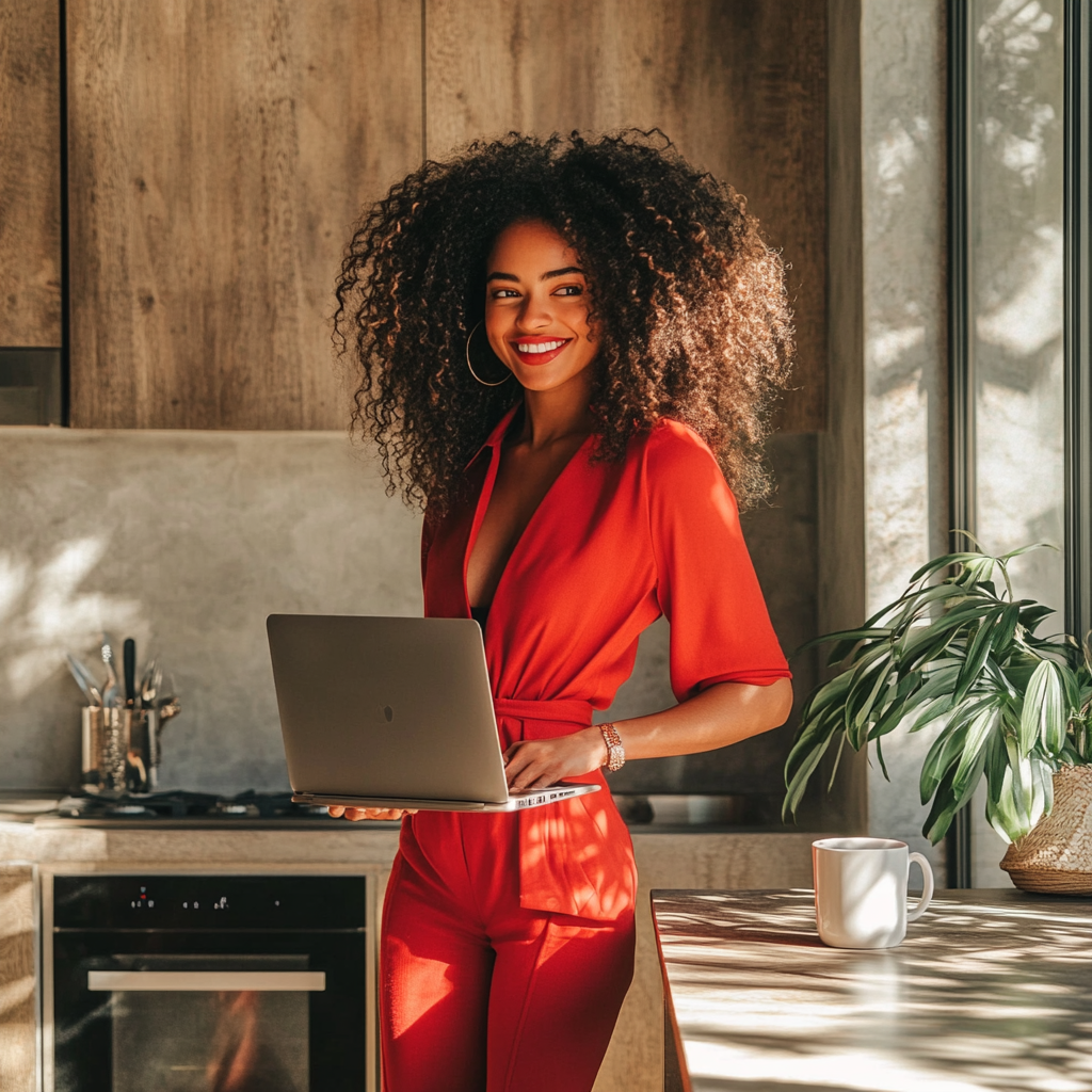 Smiling woman in red outfit works from home.