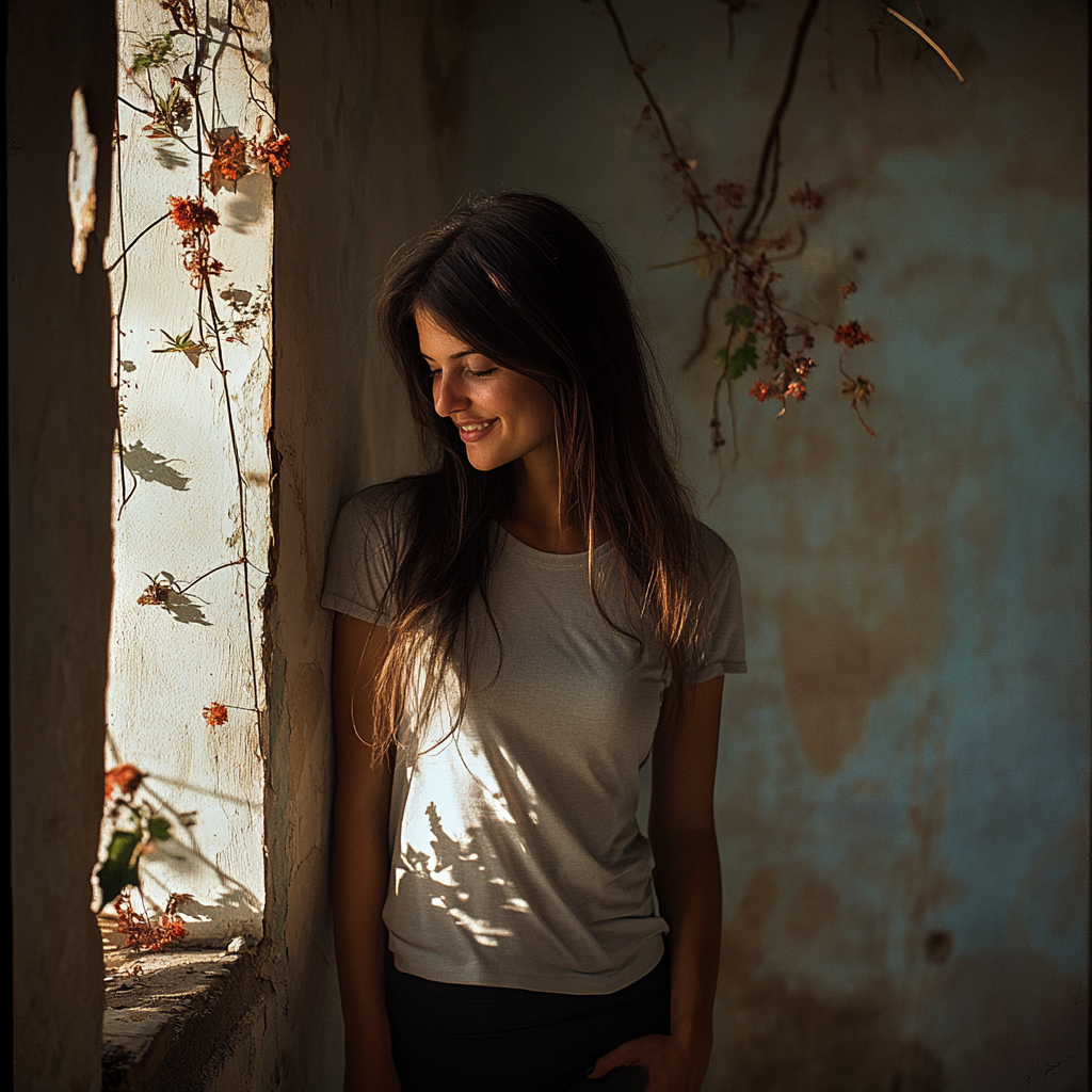 Smiling woman in simple clothing standing by wall, flowers.