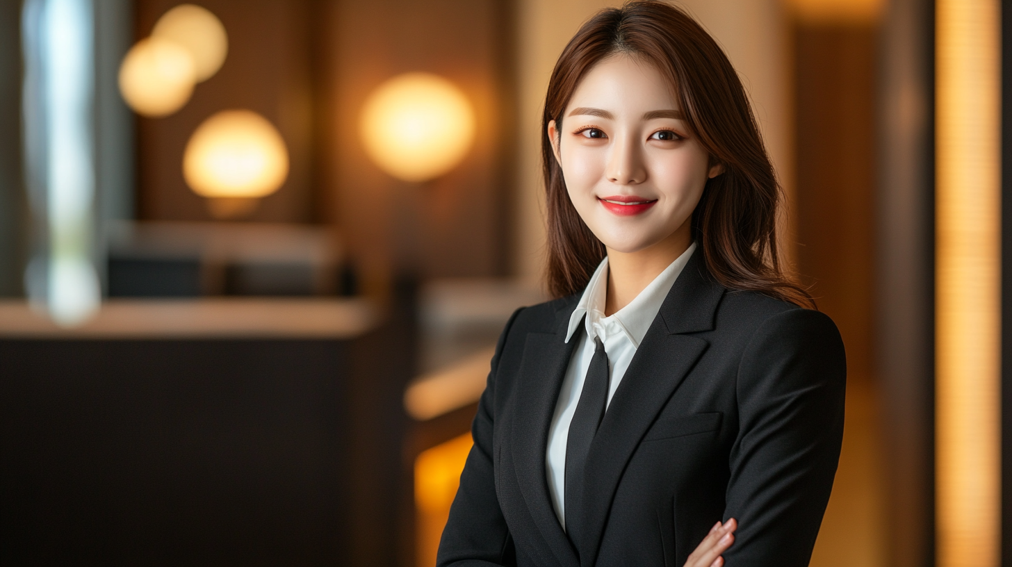 Smiling woman in suit with tie, professional lighting.