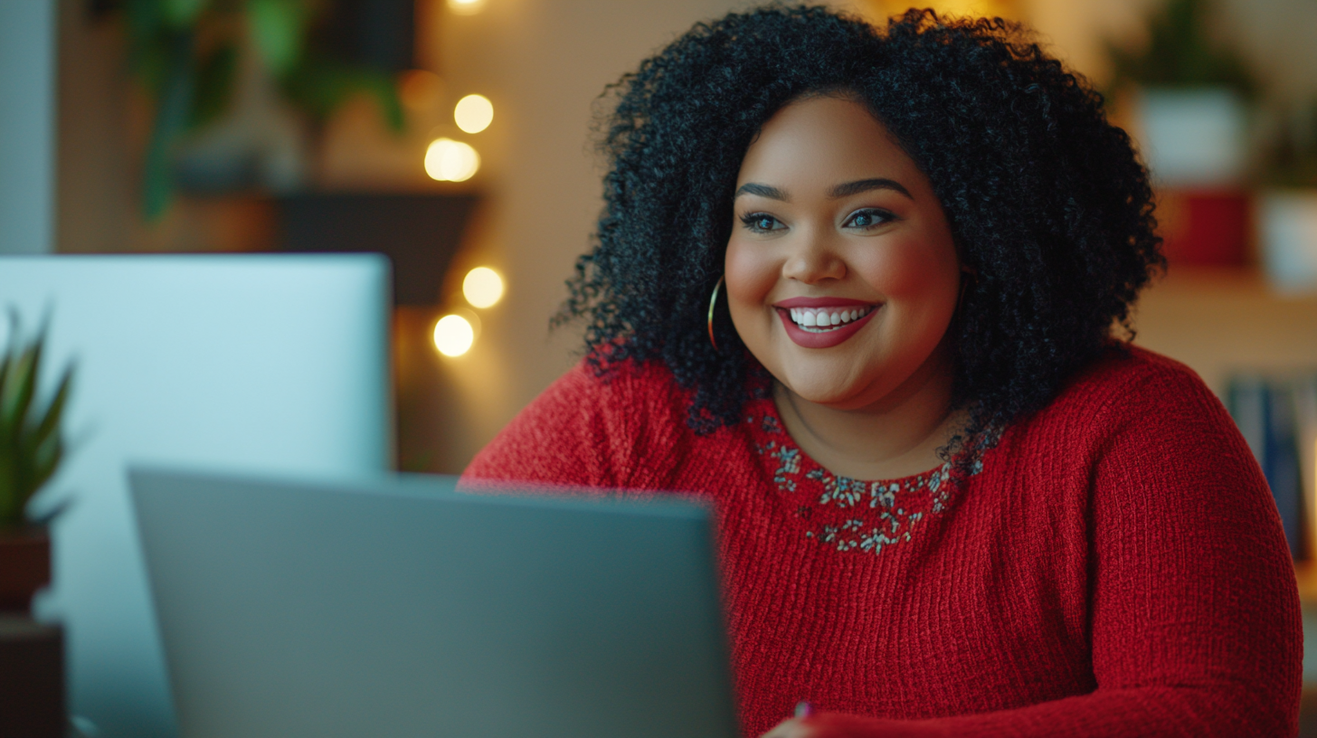 Smiling woman in virtual meeting with red/blue outfit.