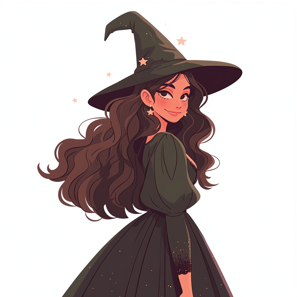 Smiling woman in witch costume, simple style illustration.