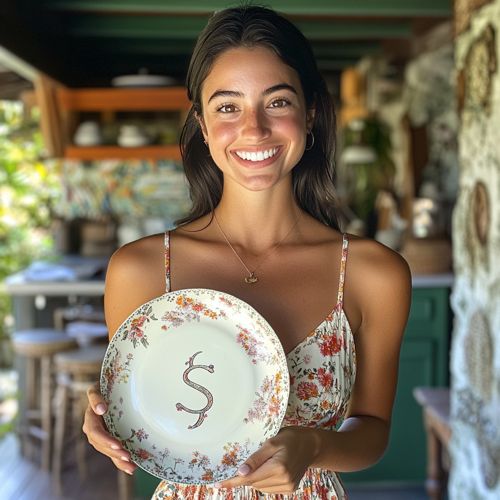 Smiling woman showing off cooking plate in kitchen scene.