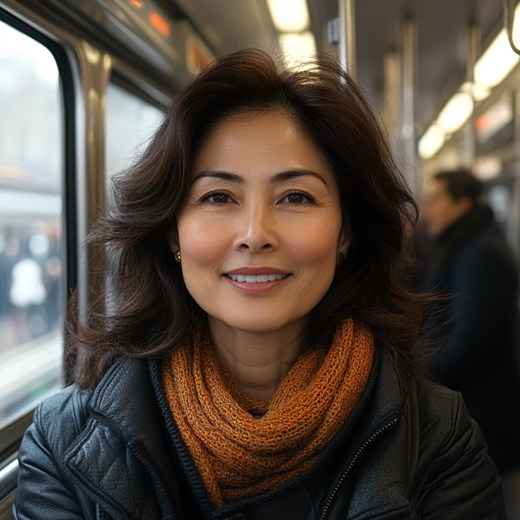 Smiling woman sitting on subway, Tatsuro Kiuchi style.