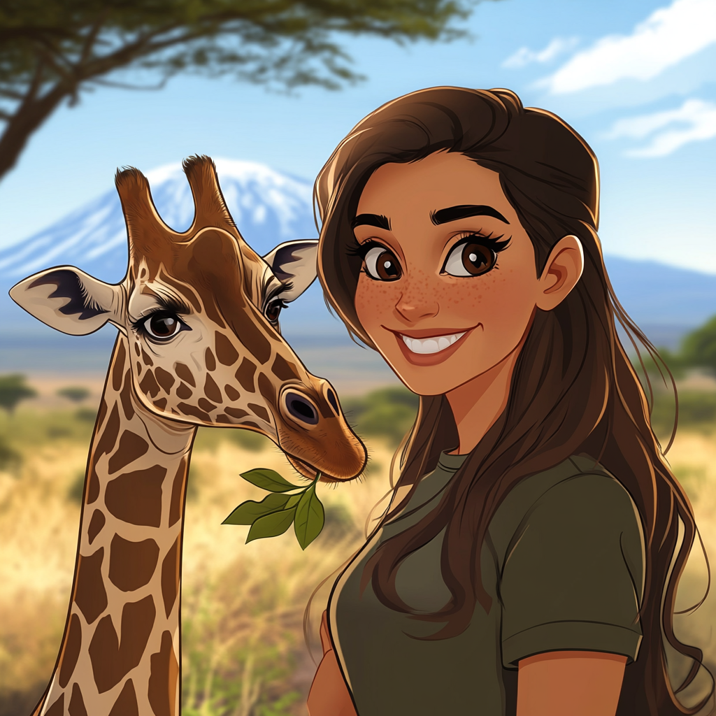 Smiling woman with brown hair feeds giraffe in Africa.