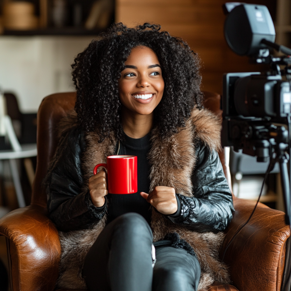 Smiling woman with curly hair recording YouTube video.