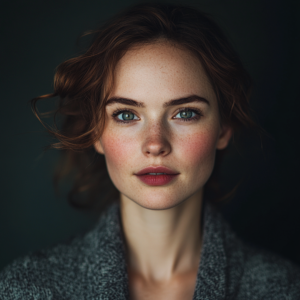 Smiling woman with elegant emotive face portrait.