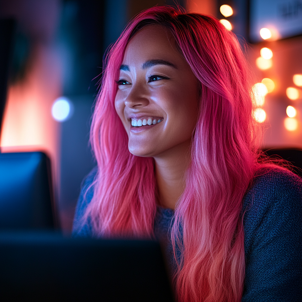 Smiling woman with pink hair engaging in virtual meeting.