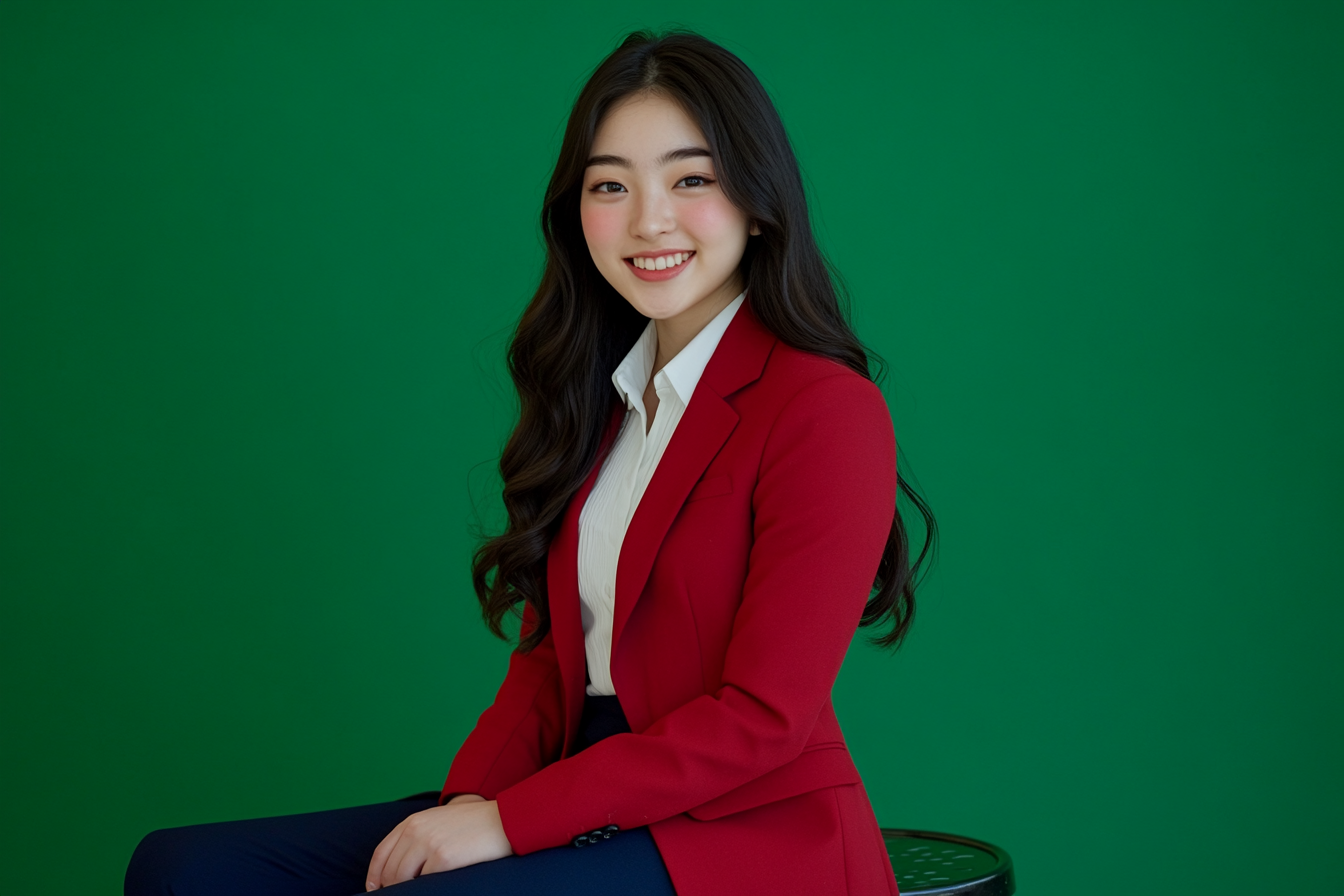 Smiling young Japanese woman sitting on iron stool.