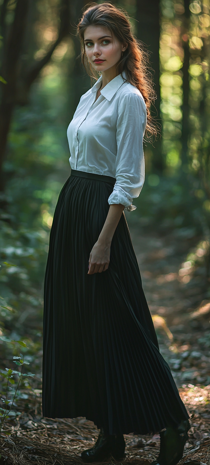 Smirking woman in forest wearing white shirt and skirt.