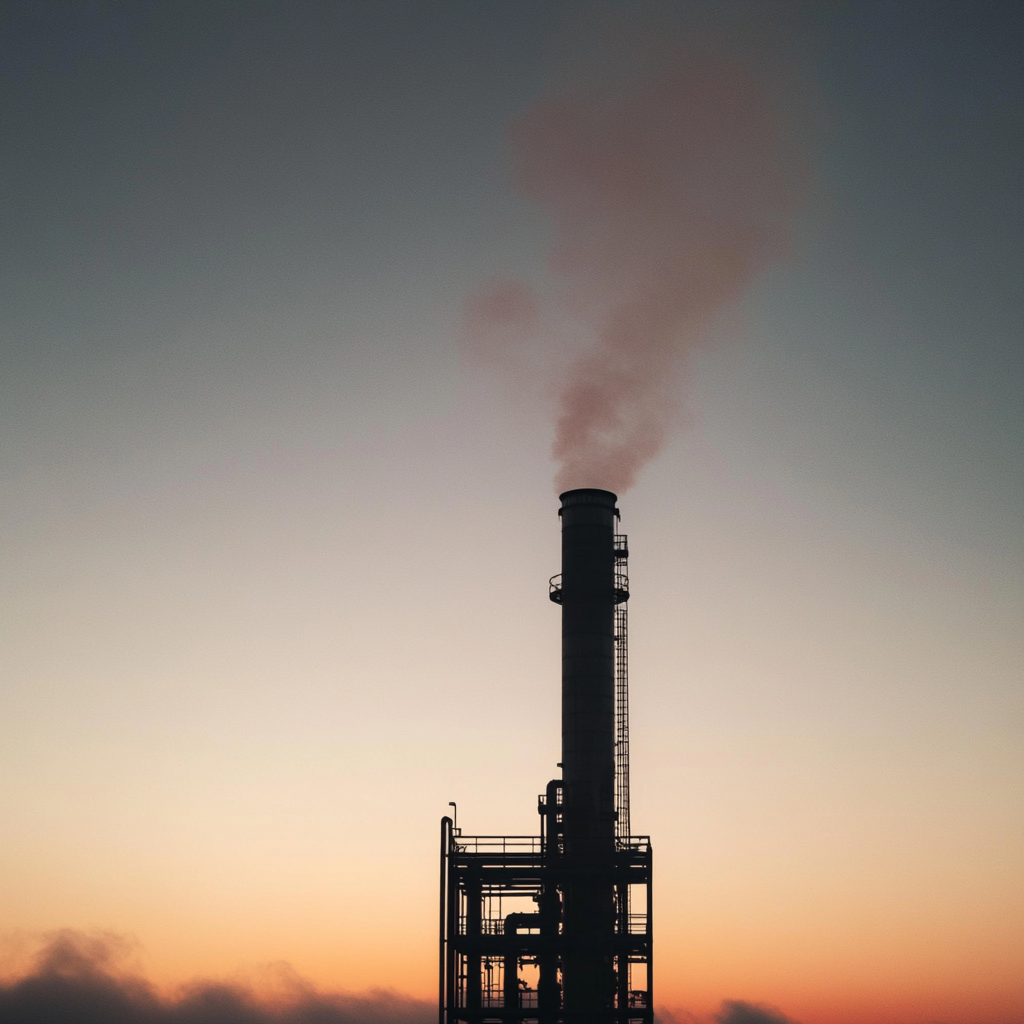 Smokestack and pipes towering under morning sky