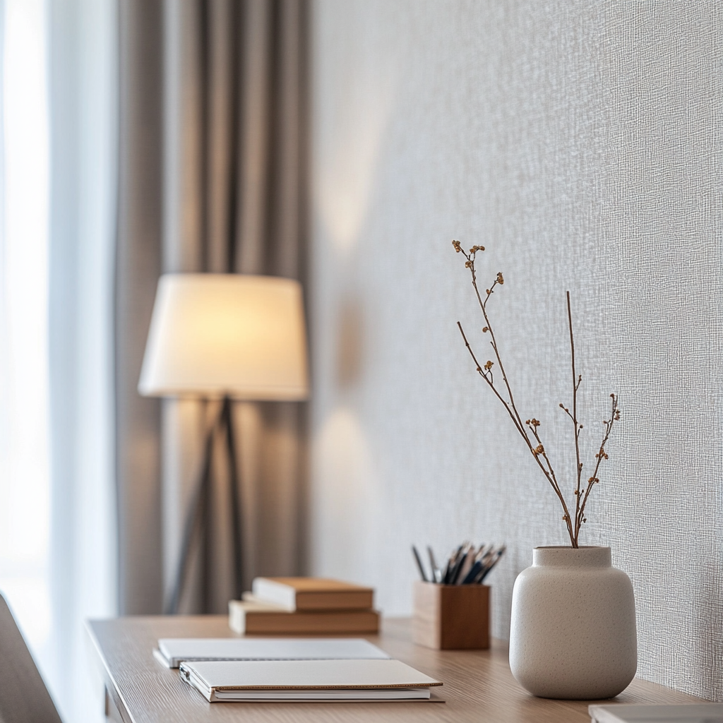 Smooth white wall showcases wallpaper, desk with soft lighting.