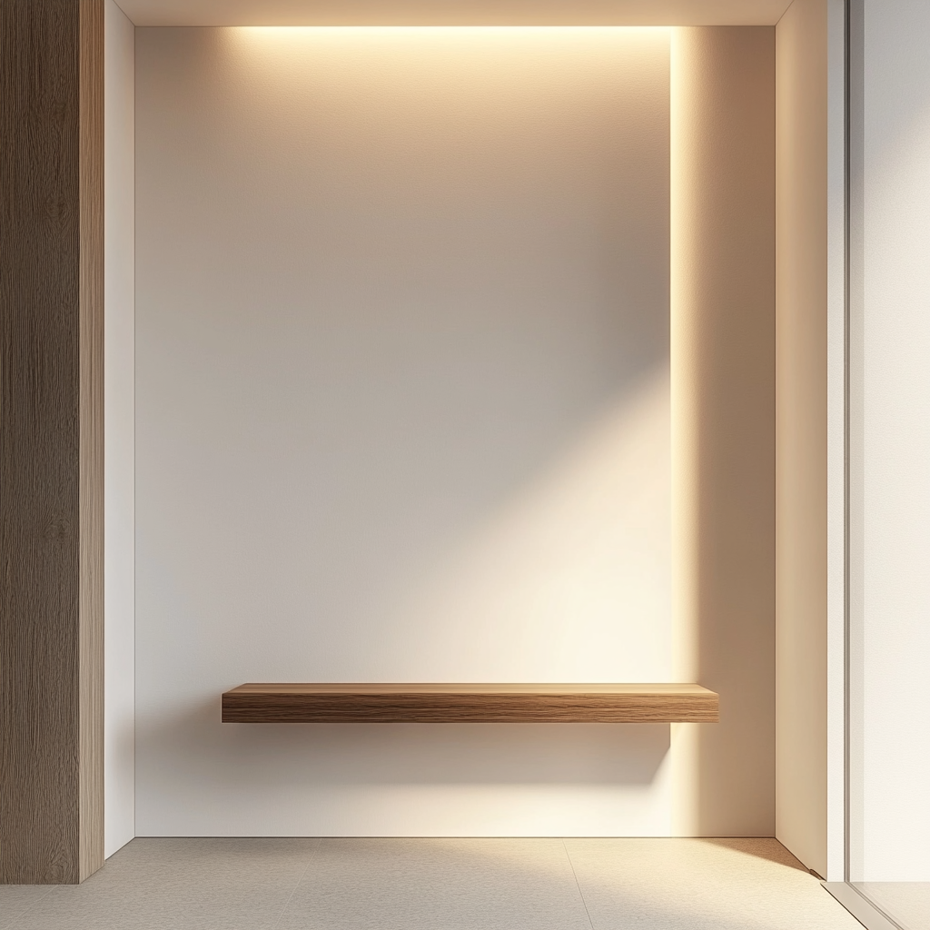 Smooth white wall with blurred console table. Clean, warm.