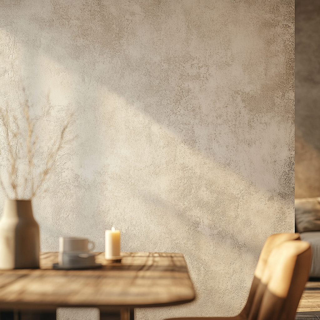 Smooth white wall with cozy wooden dining table.