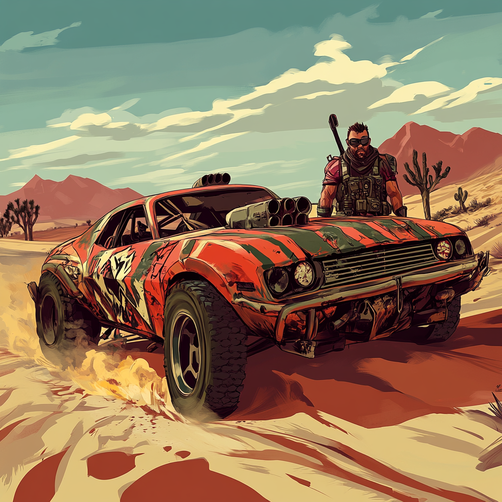 Smuggler and car in desert, GTA V style illustration.