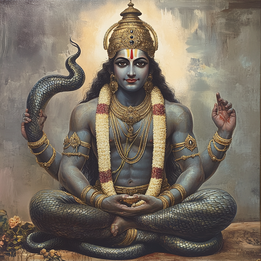 Snake-bodied Hindu god with beautiful devotional backdrop.