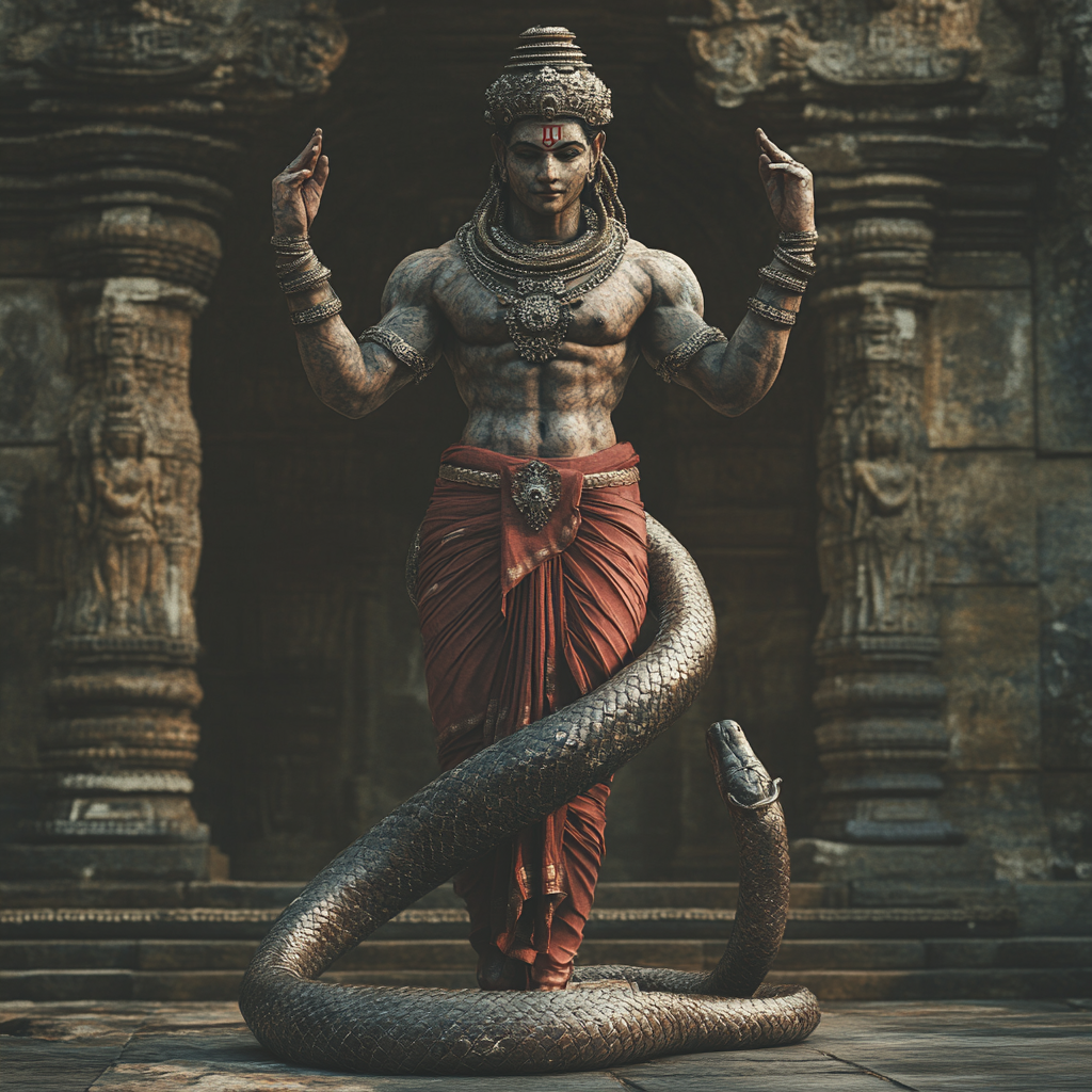 Snake body, Hindu god's cinematic image with namaskar mudra.