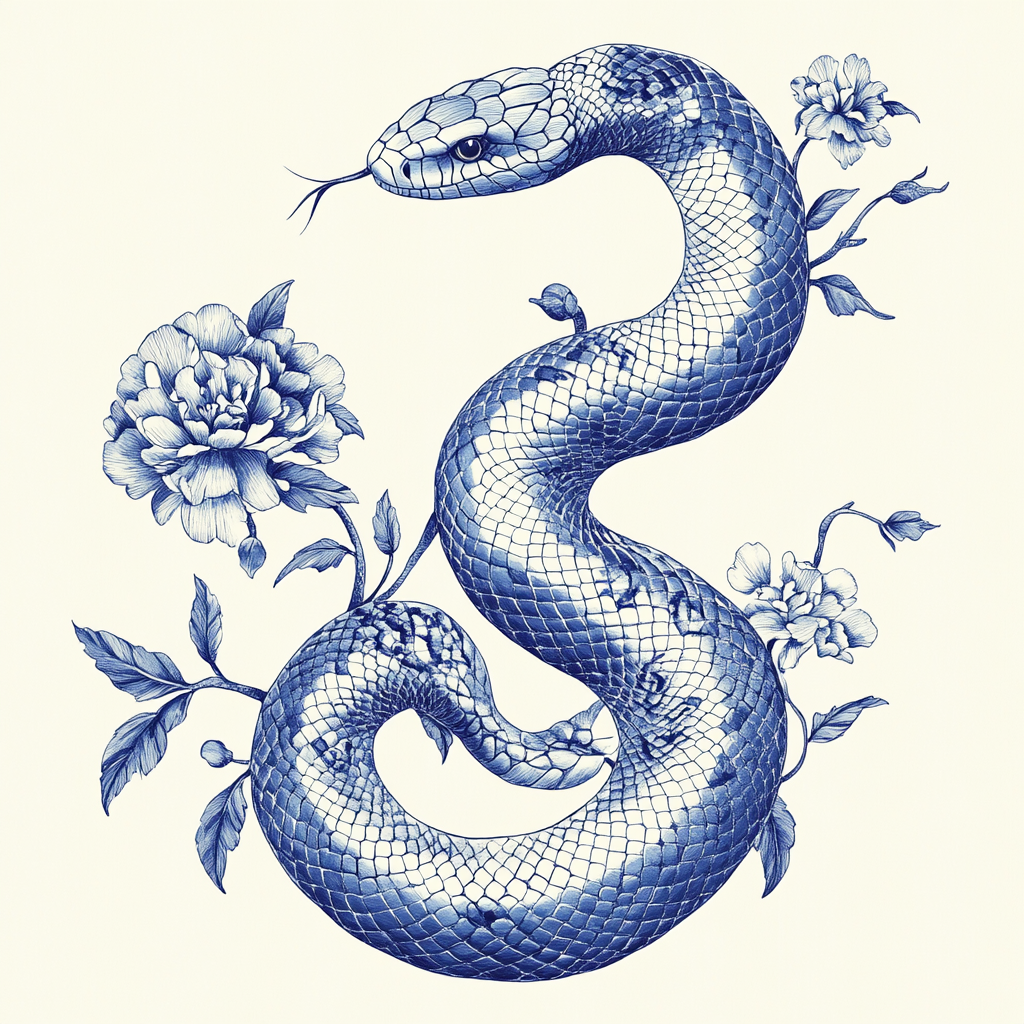 Snake illustration in vintage postcard style, blue ink, minimalist.