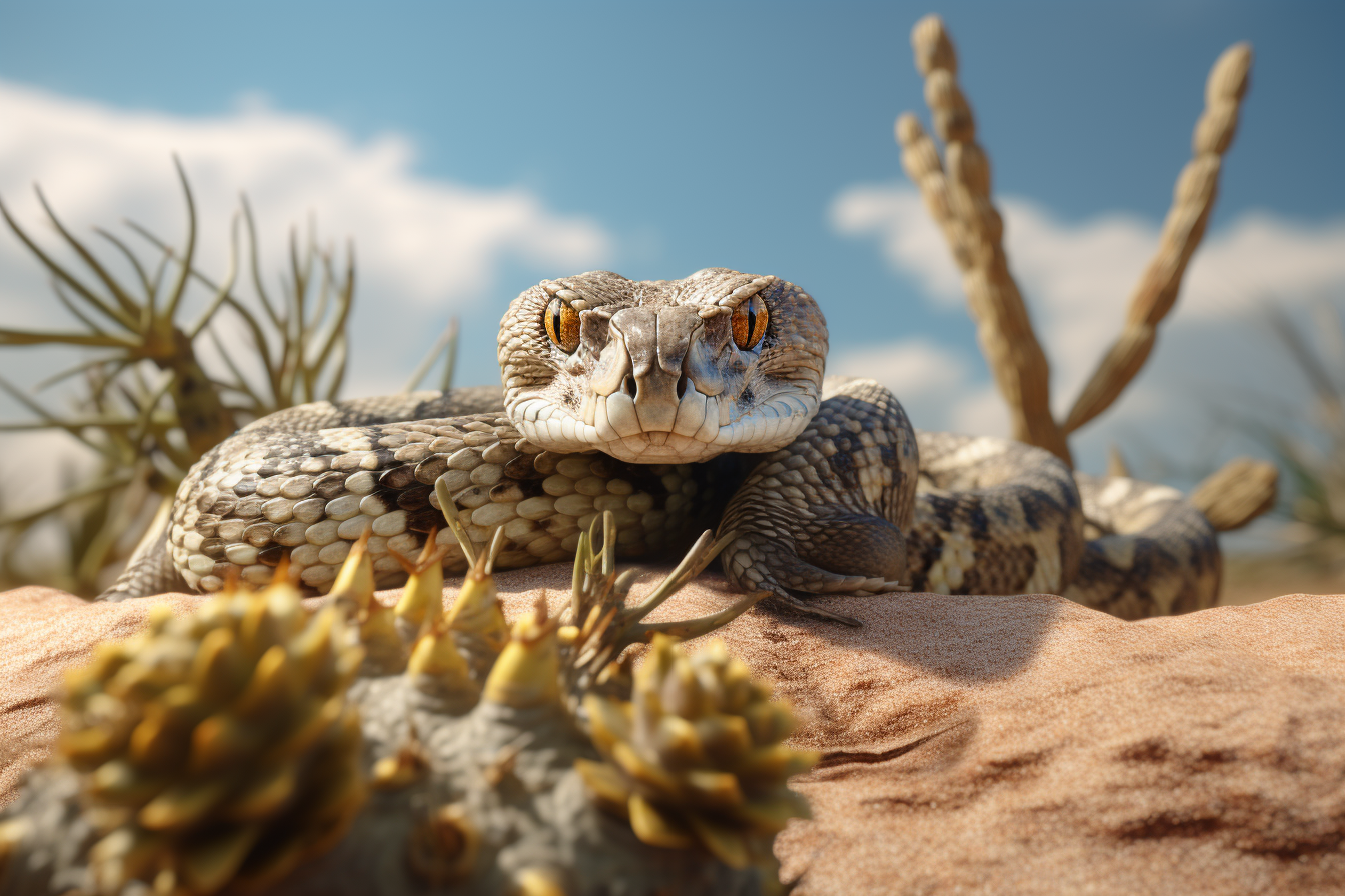 Snake in desert, yellow, scary, hyper-realistic, evil - v 5.2