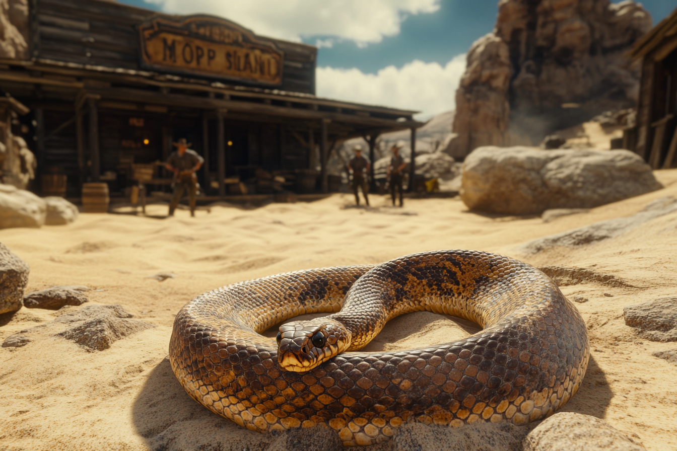 Snake ready to strike in desert saloon setting.