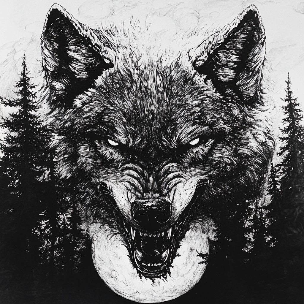 Snarling wolf in forest under full moon illustration