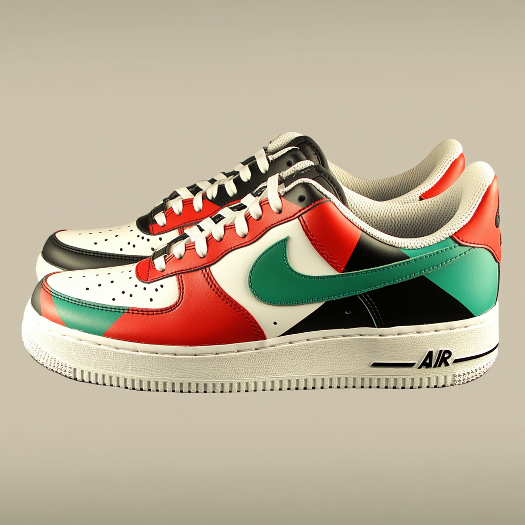 Sneakers with flag design, bold red, green, black.