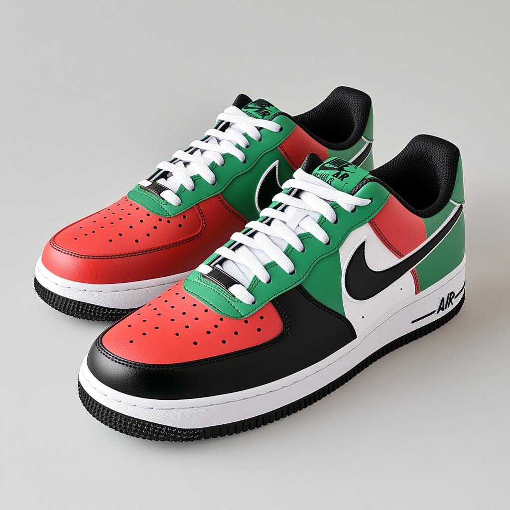 Sneakers with flag design in red, green and black.