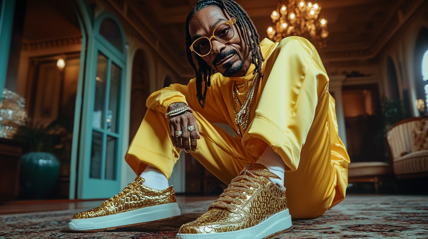 Snoop Dog showing off gold Gucci sneaker laces rich.