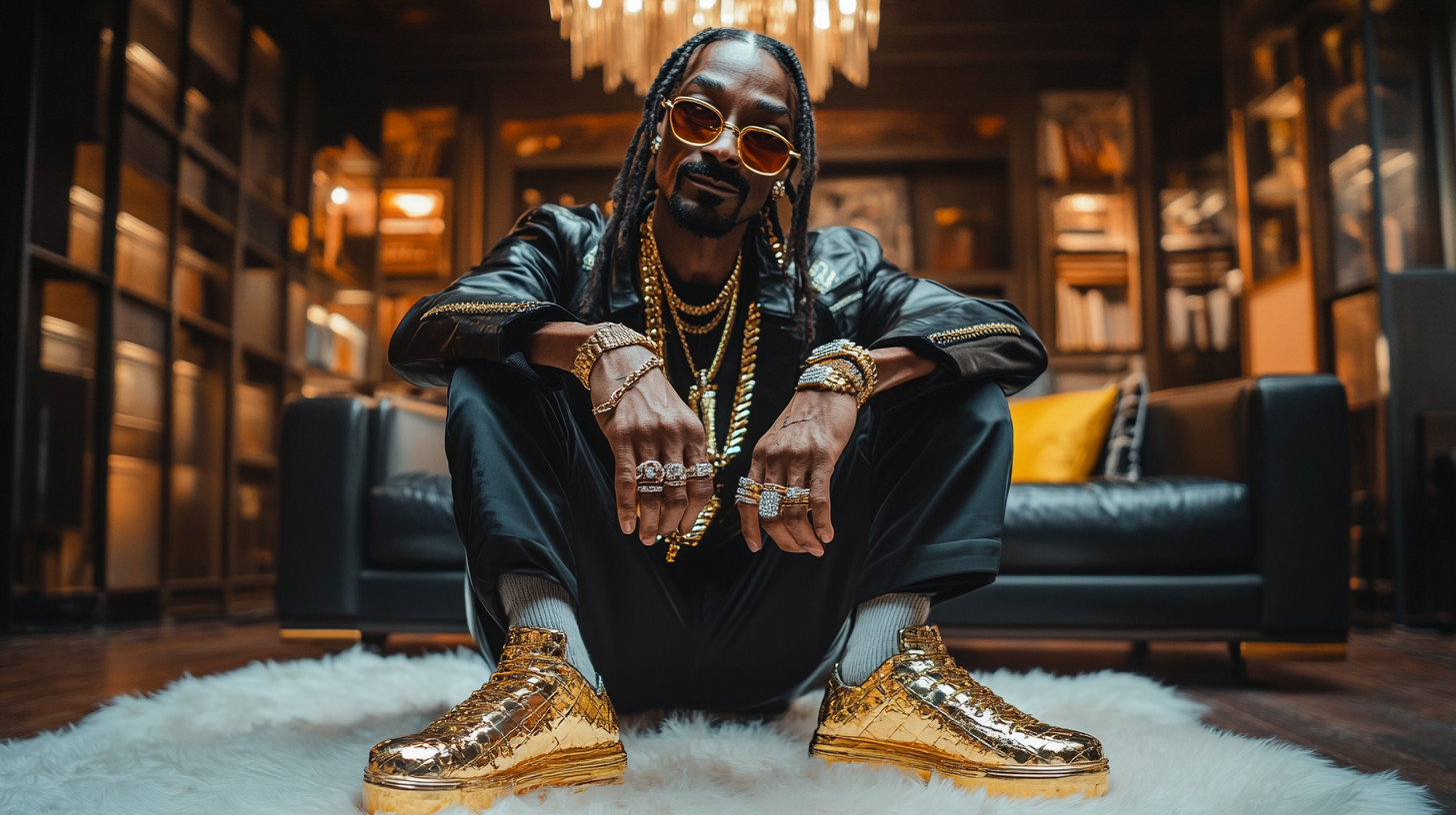 Snoop Dog showing off gold Gucci sneaker laces.