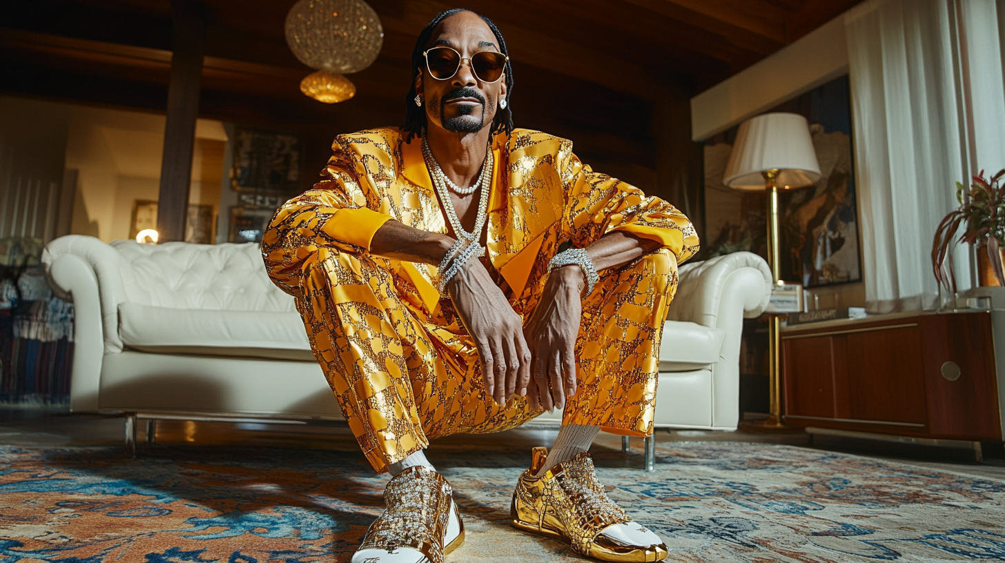 Snoop Dog showing off gold sneaker laces in luxurious room.