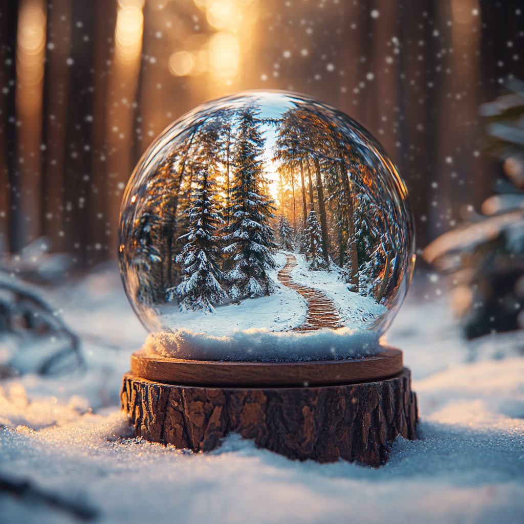 Snow Globe on wood base, on snowy trail.