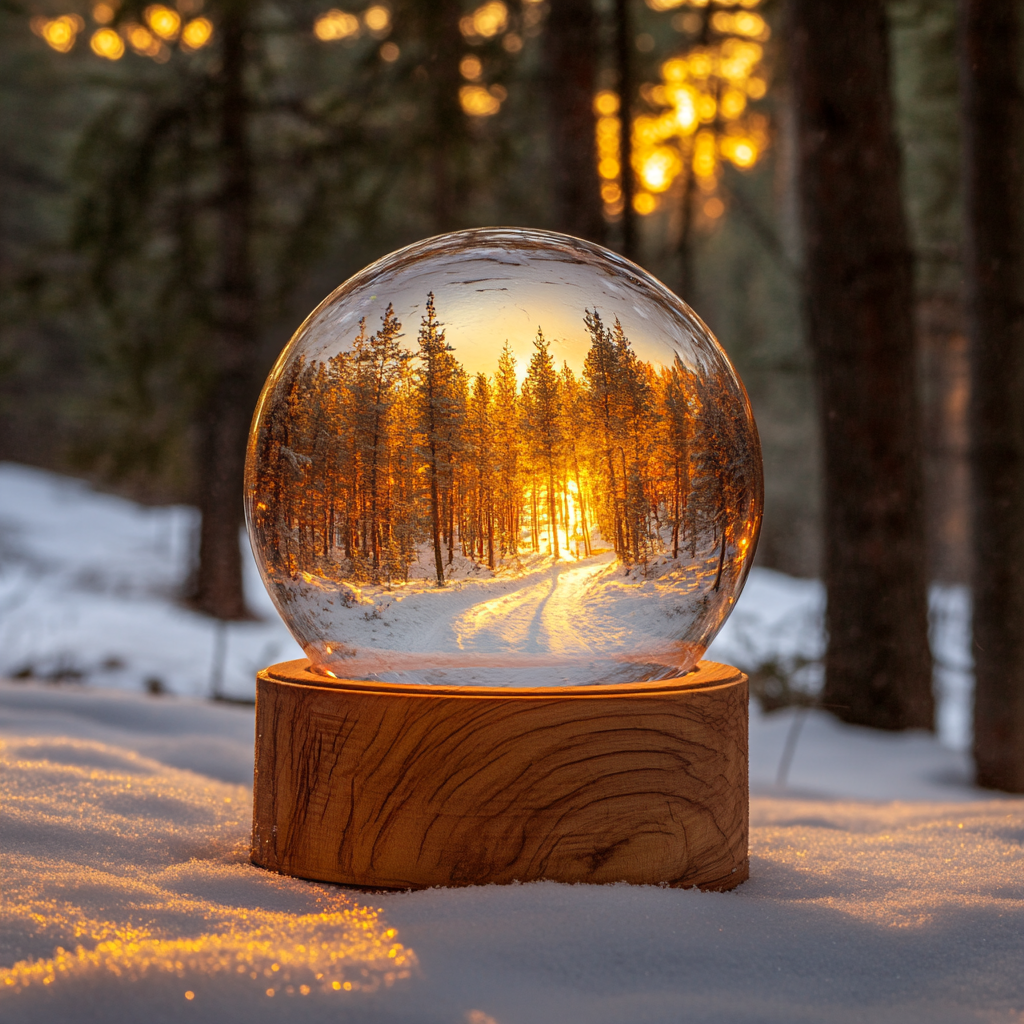 Snow Globe on wood base in Pine forest snowstorm.