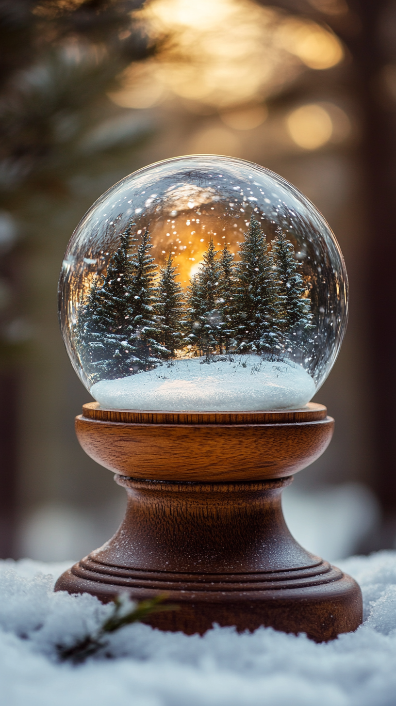 Snow Globe on wood base in pine forest snowing.