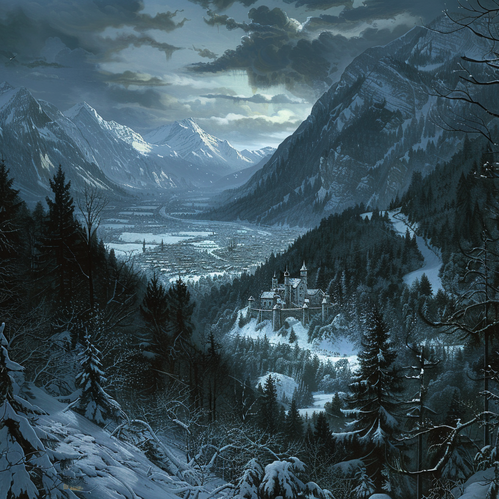 Snow-covered Eastern European landscape with valley, mountains, trees, castle.