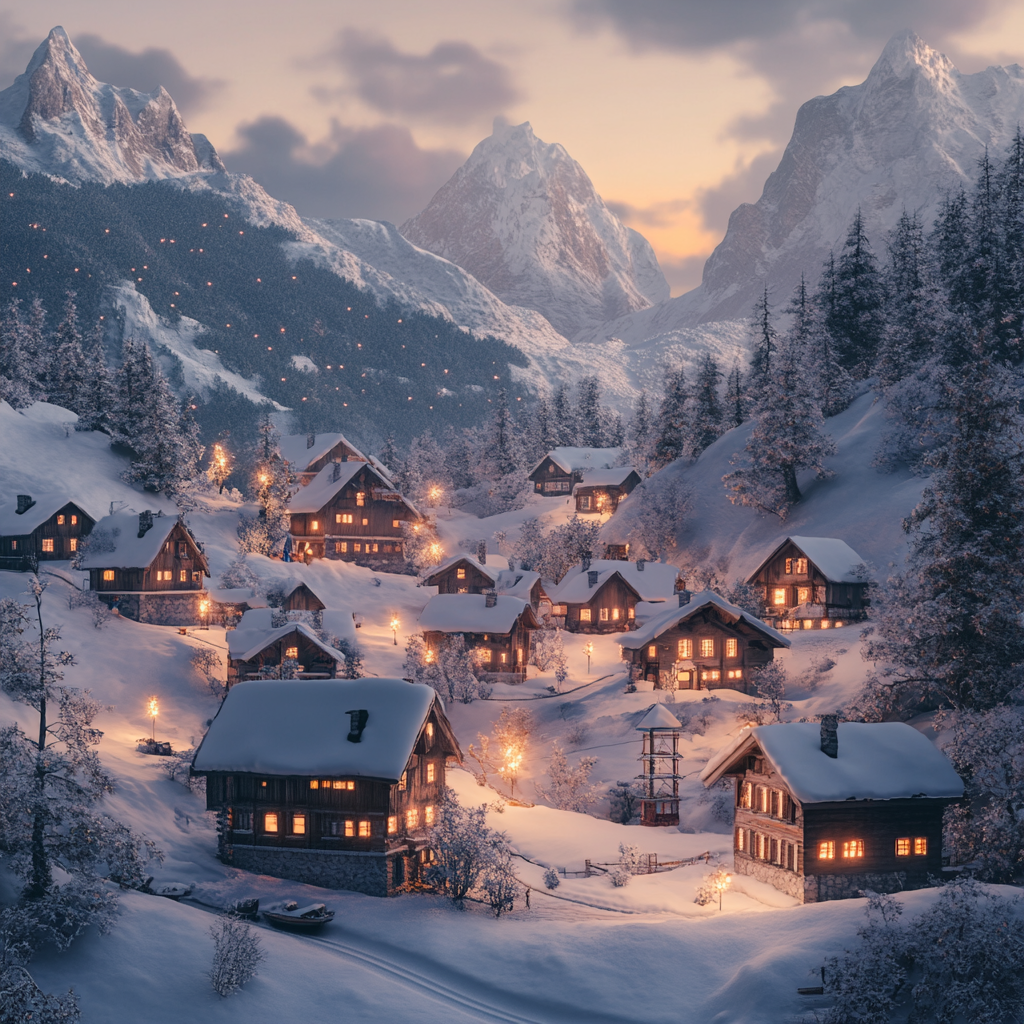 Snow-covered alpine village at sunrise