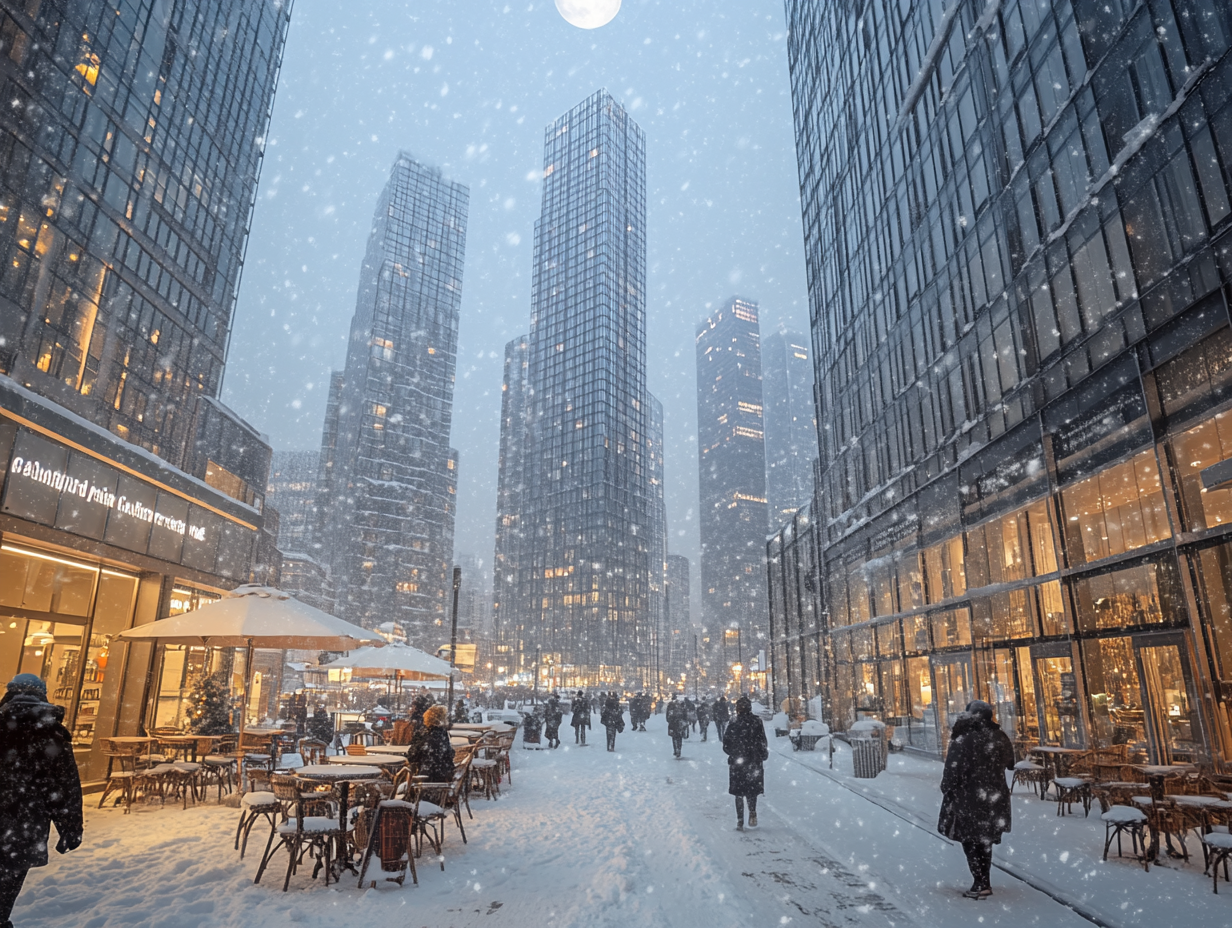 Snow-covered city with empty streets and cozy cafes