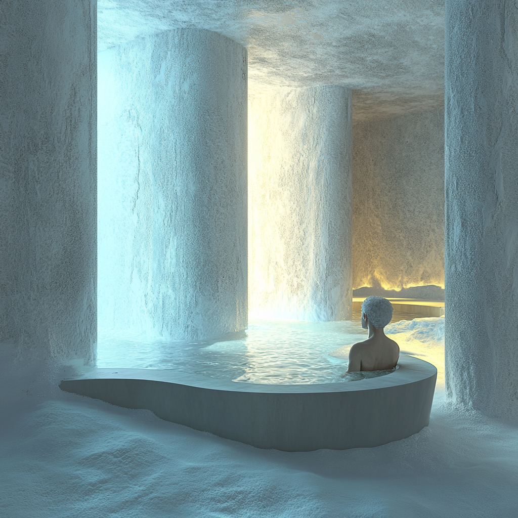 Snow spa in enclosed space with dim cool lighting.