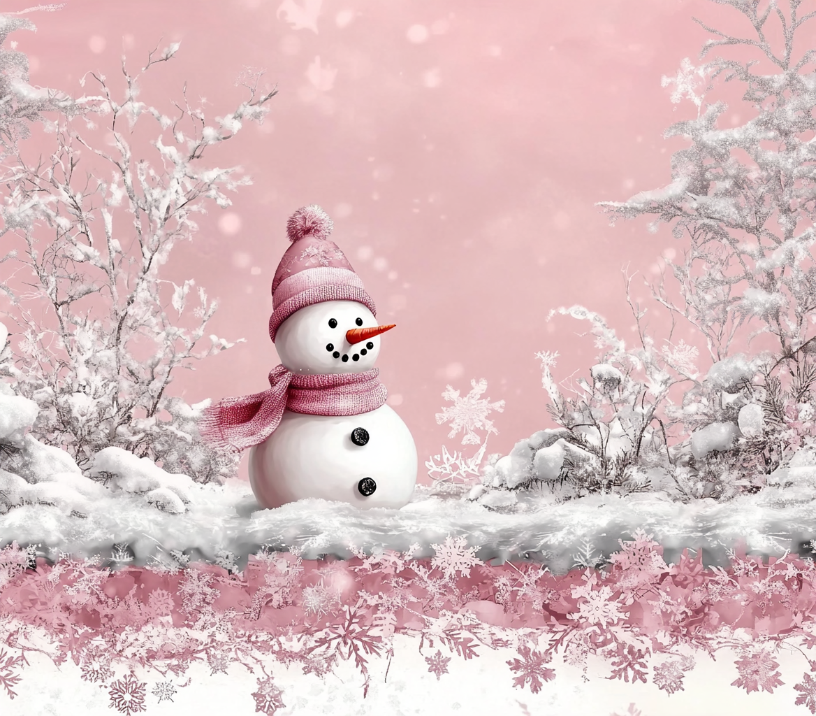 Snowman in pink winter scene with snowflakes.