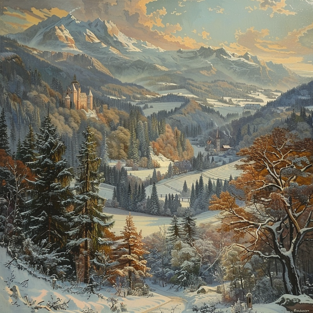 Snowy Eastern European landscape with mountains, trees, castle.