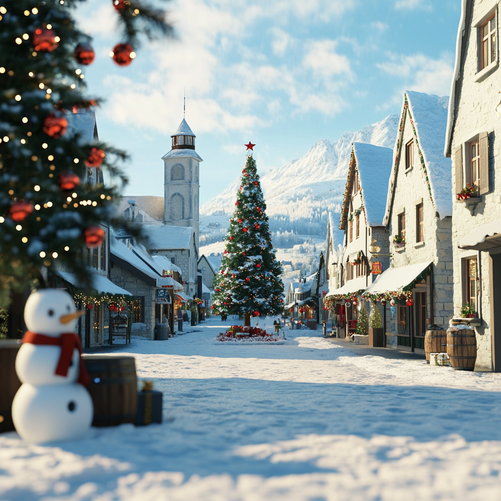 Snowy European Town with Snowman and Christmas Tree