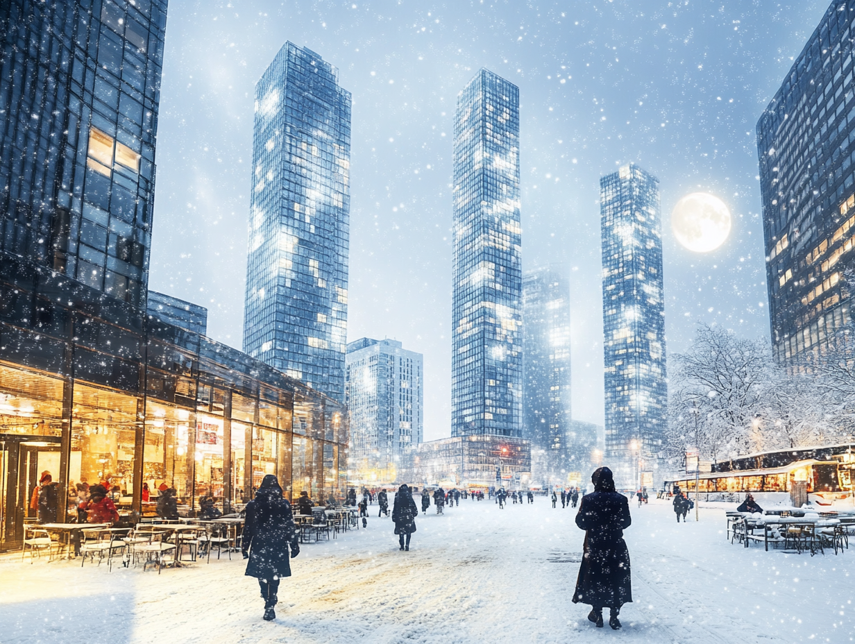 Snowy Metropolis: Streets, Skyscrapers, Cafés, Moon Light