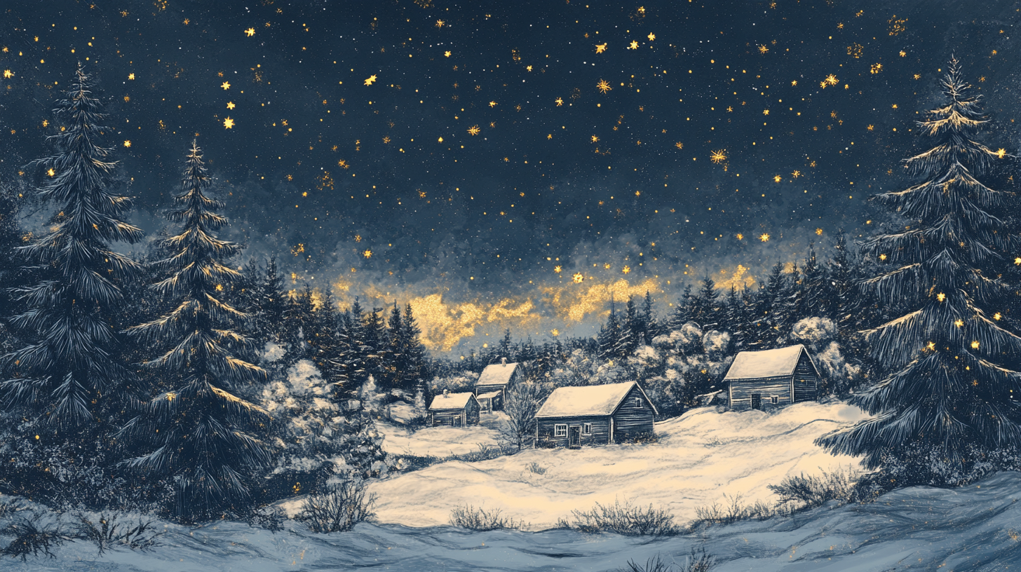 Snowy Village with Pine Trees under Starry Sky.