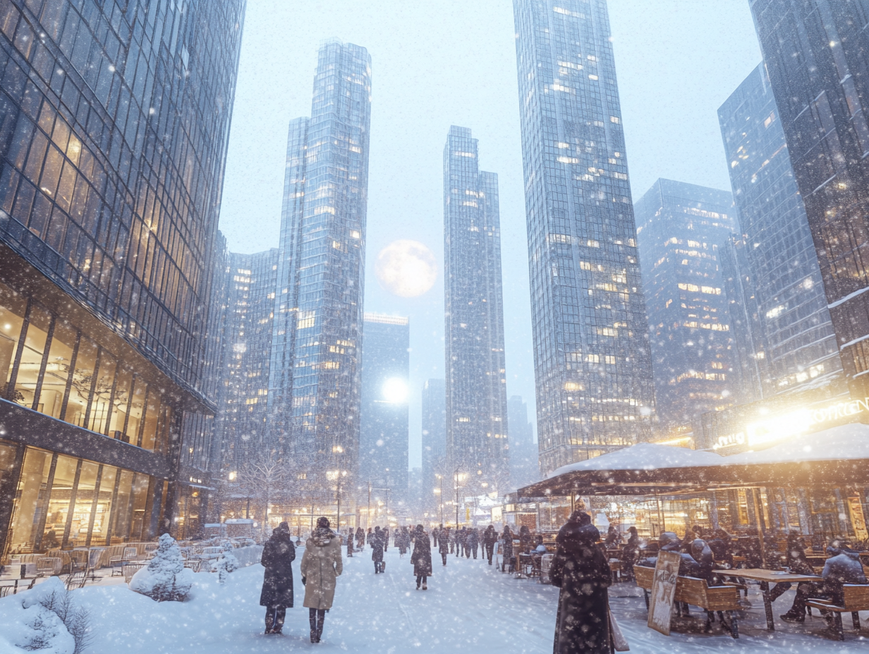 Snowy cityscape with cafes, moonlight, and visitors