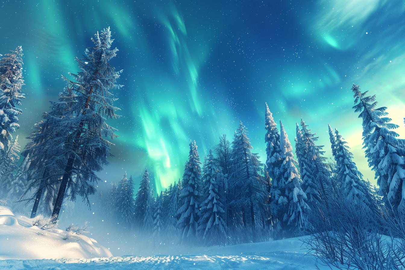 Snowy forest with northern lights and stunning high contrast.