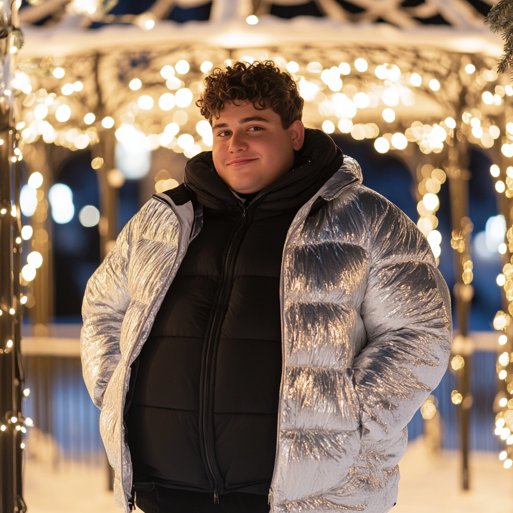 Snowy gazebo with handsome man in puffer coat.